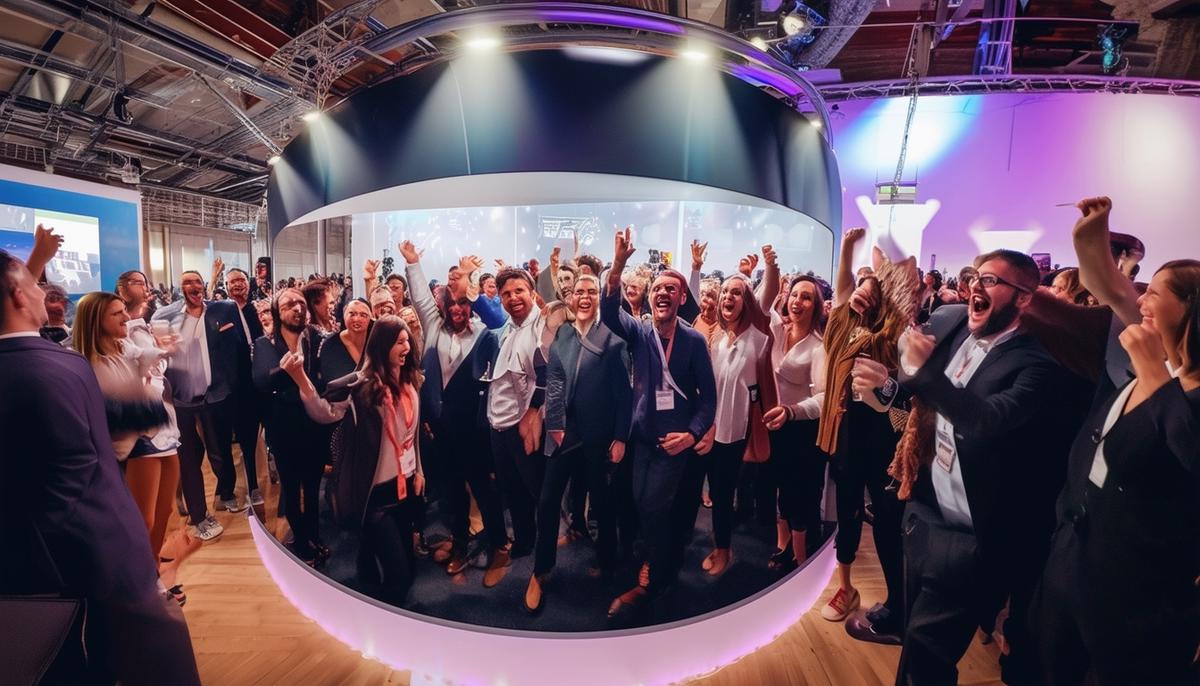 A group of excited corporate event attendees using a 360-degree video booth with professional lighting