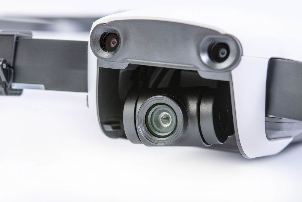 A close-up view of a high-tech 4K drone camera used for aerial photography and videography in Arkansas