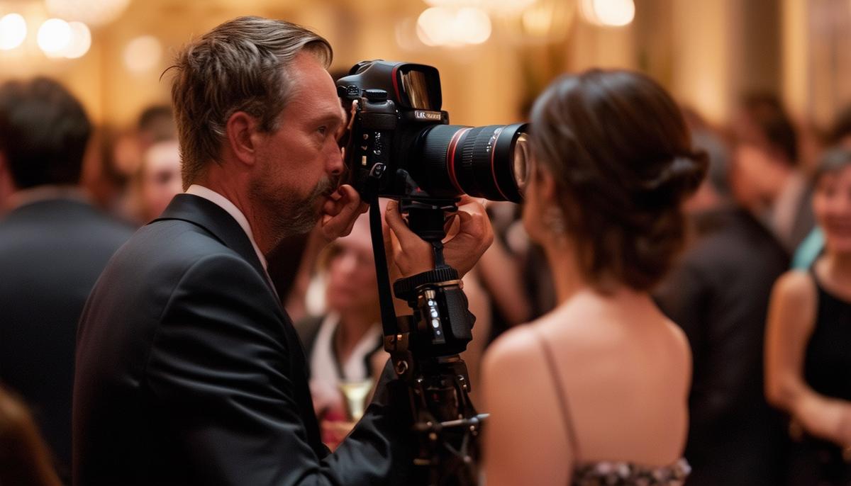 A photographer nimbly navigating a crowded gala venue, using a long lens to capture candid moments from a distance and remaining unobtrusive while documenting key interactions.