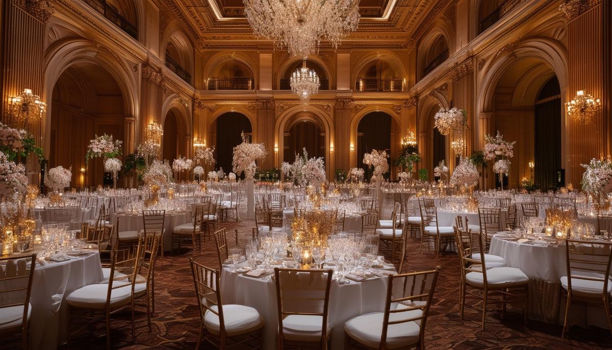 An elegant corporate gala taking place in the grand ballroom of The Adolphus Hotel in Dallas