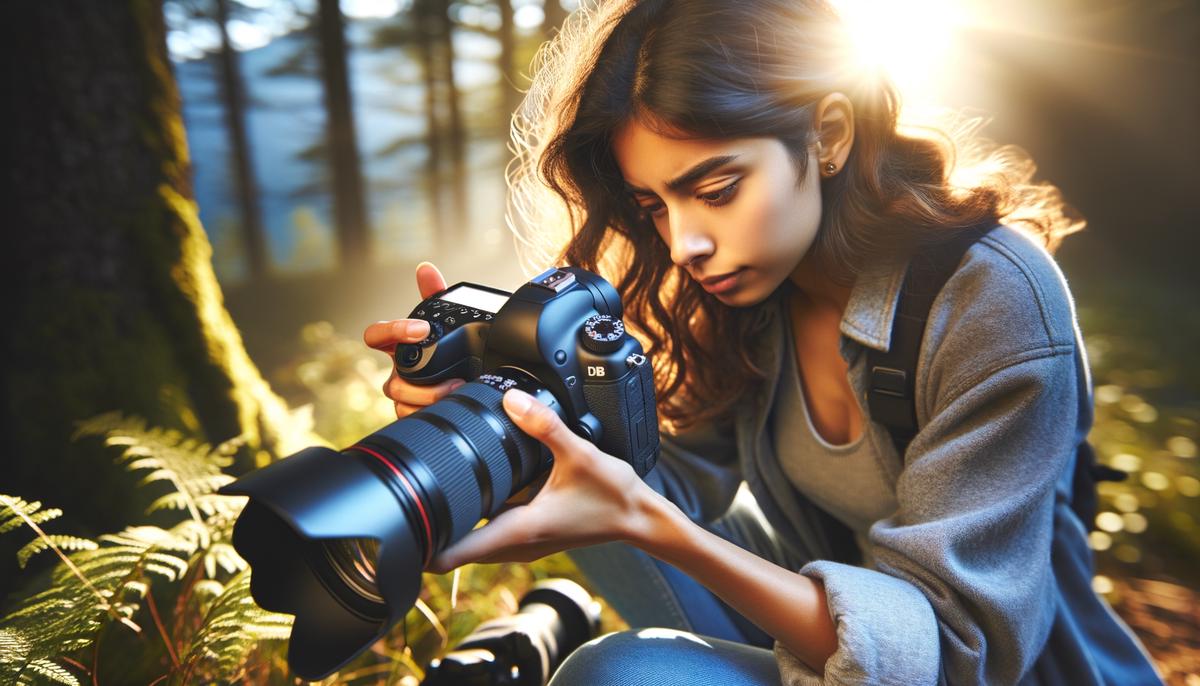 A photographer adjusting settings on a professional DSLR camera in a dynamic outdoor setting
