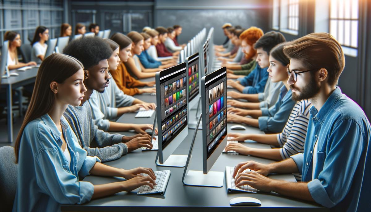 A photographer working on advanced photo editing in a computer lab
