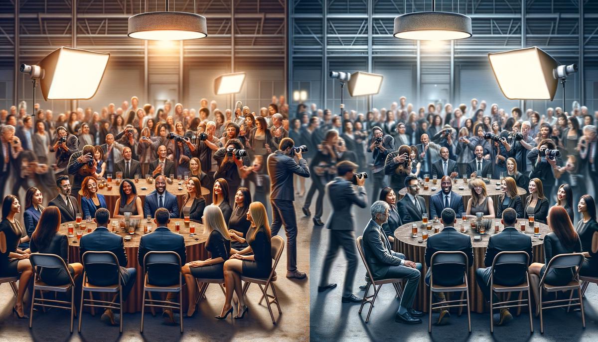 A split-screen showing the difference between amateur and professional corporate event photography