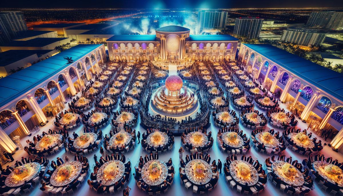 A stunning aerial photograph of a luxurious Miami gala event, showcasing the grand scale, intricate layout, and vibrant atmosphere from a bird's eye view