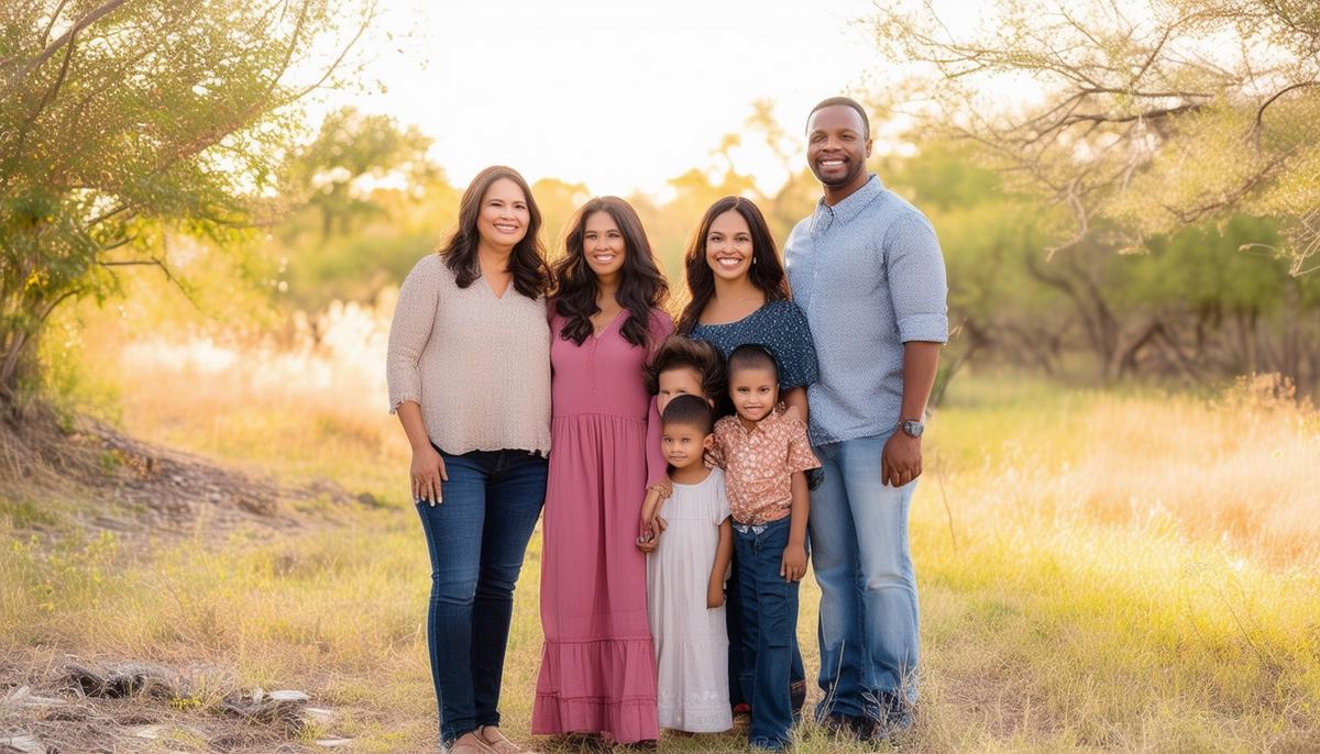 A diverse family poses for an affordable family photo session with a photographer in San Antonio.