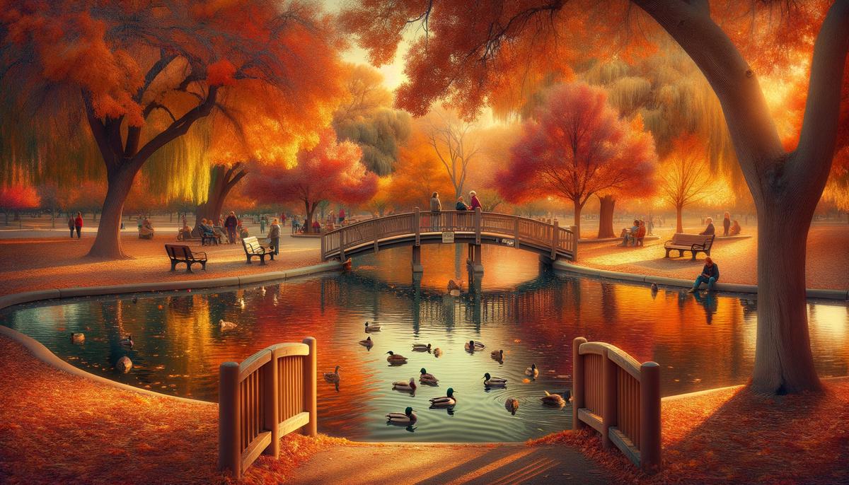 A picturesque autumn scene at Alameda Open Space with colorful foliage, a duck pond, and a small bridge