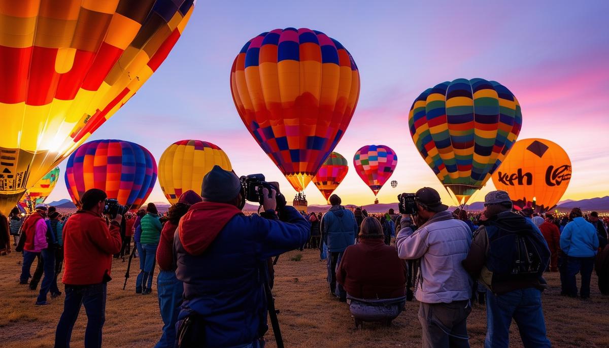 Multiple photographers capturing the colorful Albuquerque Balloon Fiesta at dawn