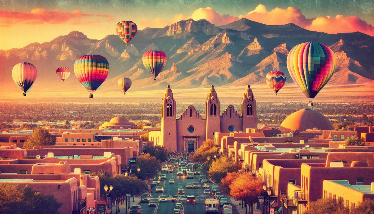 Montage of popular Albuquerque engagement photo locations including Old Town, Sandia Mountains, and the Balloon Fiesta