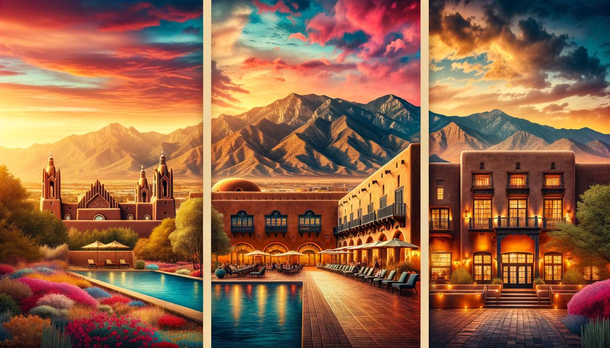 A collage of popular event locations in Albuquerque including Sandia Mountains, Old Town, and a luxury resort