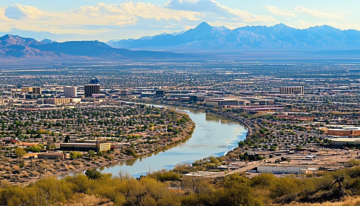 Panoramic view of Albuquerque showing the Rio Grande, downtown area, and Sandia Mountains
