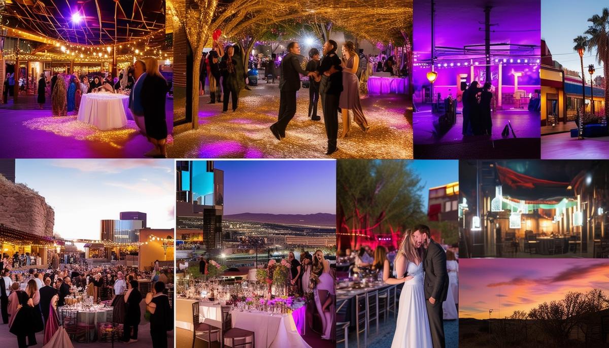 A collage of trendy party photography locations in Albuquerque, including downtown landmarks and natural settings