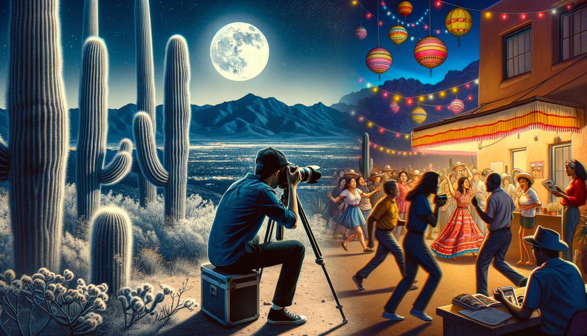 Two photographers, a man and a woman, capturing night scenes in Albuquerque, one focused on landscape and the other on event photography