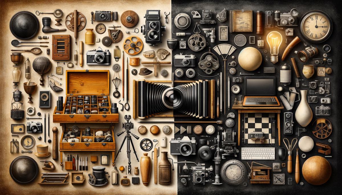 A split image showing historical photography equipment from Brooks Studio next to modern digital cameras and sustainable practices at Netflix Studios Albuquerque