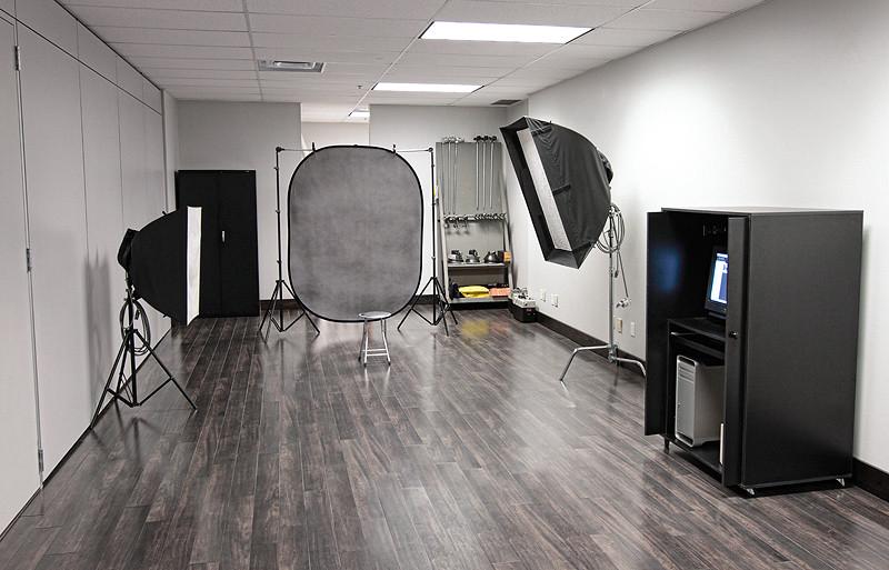 A collage showcasing the exteriors and interiors of top photography studios in Albuquerque
