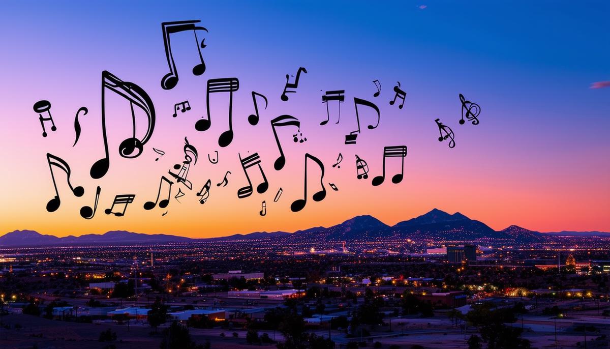 Albuquerque skyline at dusk with floating musical notes representing the city's vibrant music scene