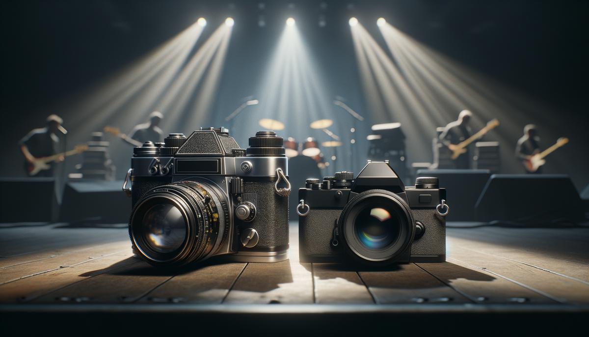 Side-by-side comparison of analog and digital cameras used in concert photography