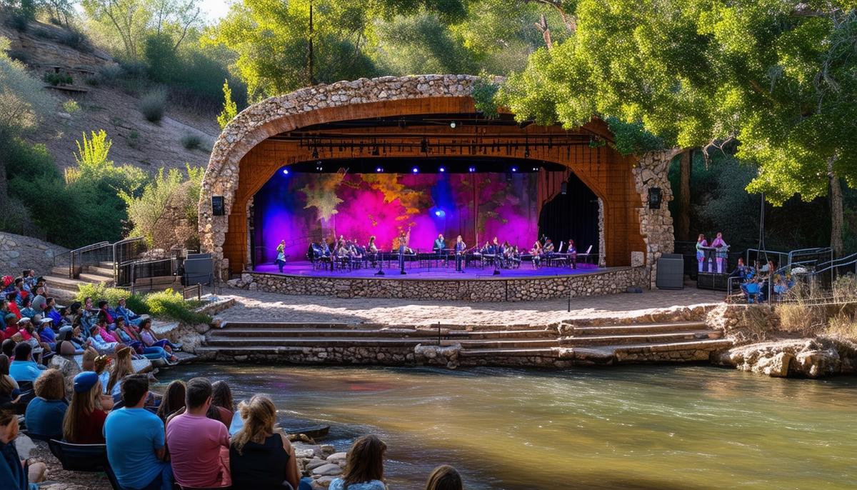 A vibrant performance taking place at the Arneson River Theater, with the stage set over the river and the audience seated along the stone benches.
