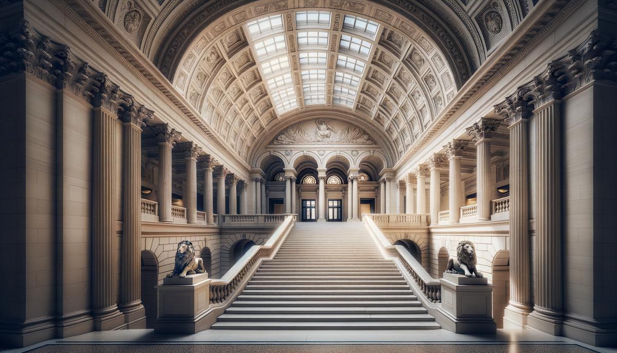 The grand staircase of the Art Institute of Chicago with its iconic bronze lions visible through the entrance