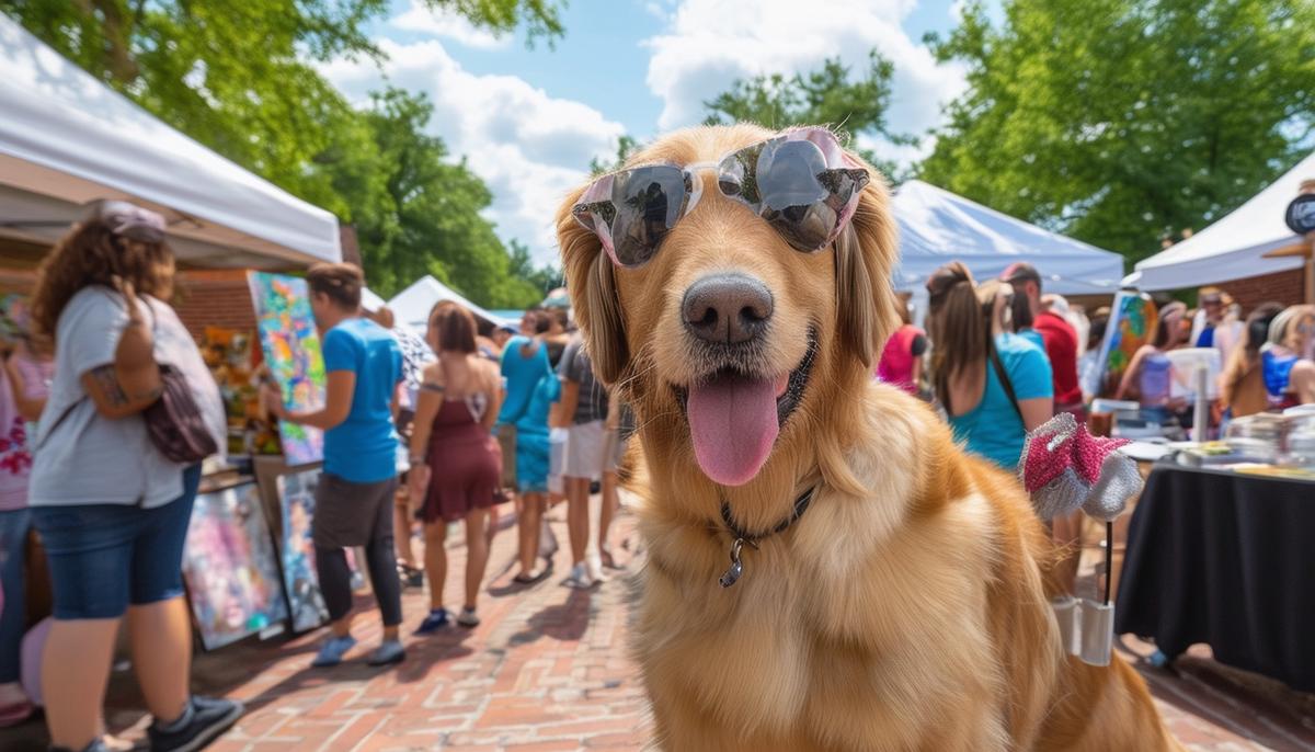 A lively scene at the Art on the Bricks event in Rogers, AR, featuring a popular pet photo booth and various pet-friendly activities