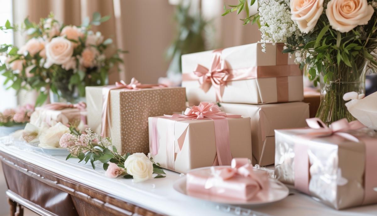 An artfully arranged bridal shower gift table with beautifully wrapped presents and elegant decor.