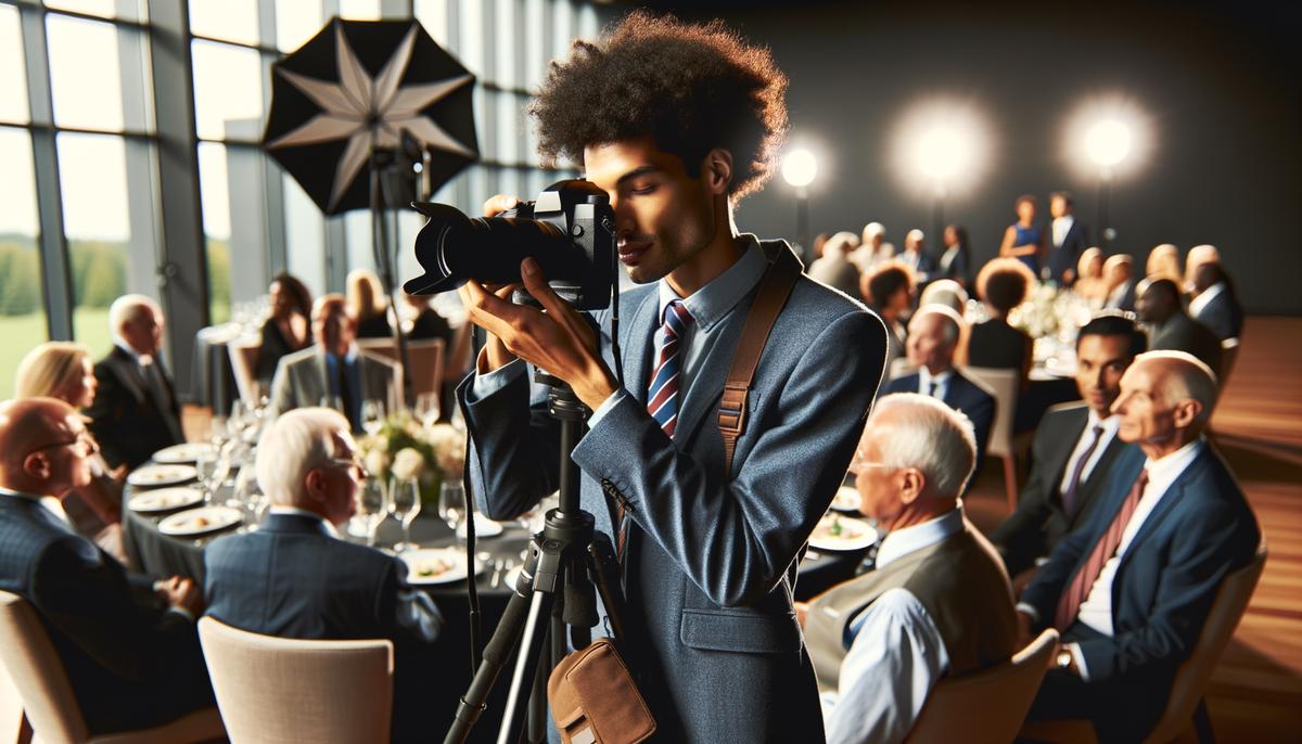 A photographer using artificial lighting to capture photos at a business luncheon event