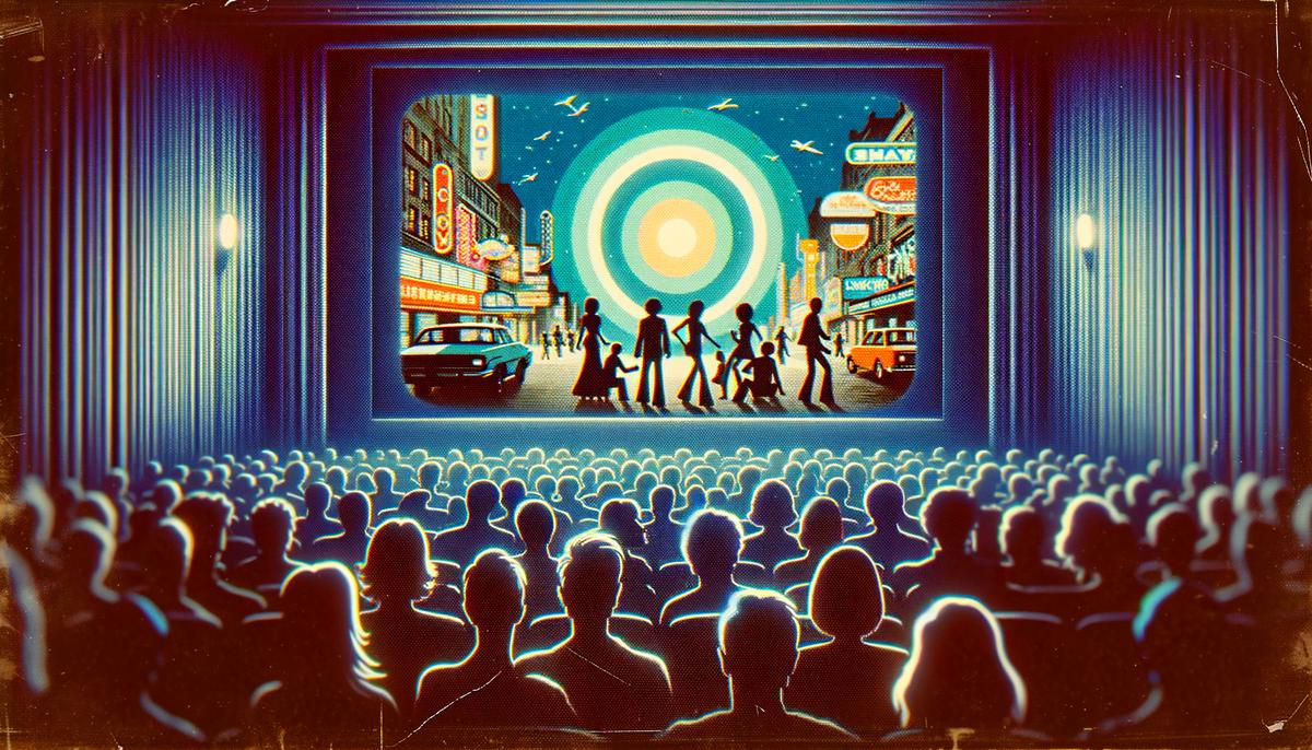 A scene from Mark Winer's 'As the World Burns' being projected on a screen, showing dreamlike images of Boston's 1970s nightlife
