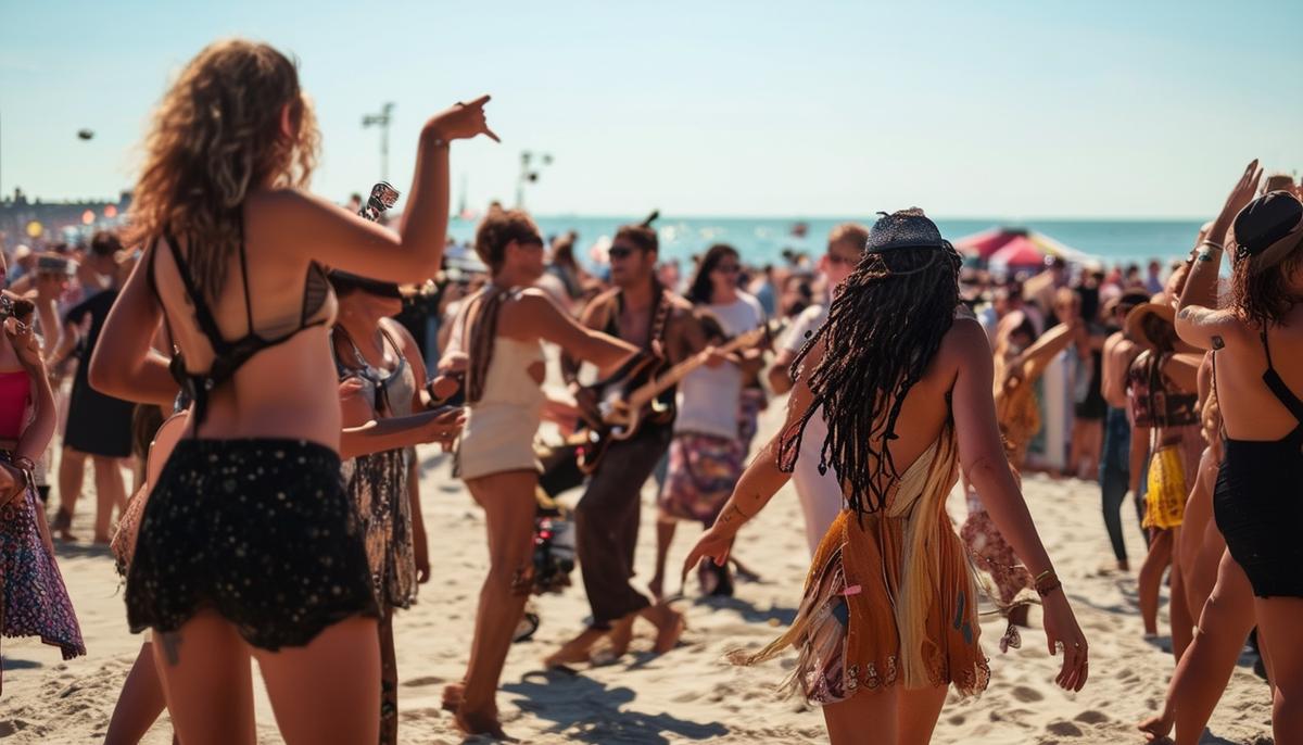 A lively music festival taking place on the beach in Asbury Park, New Jersey, with people dancing and enjoying live performances.