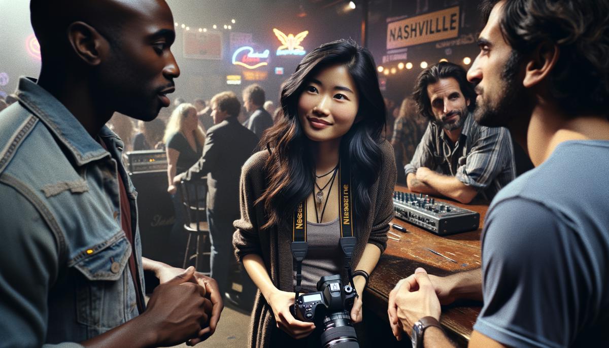 An aspiring concert photographer networking with musicians and industry professionals at a Nashville music venue