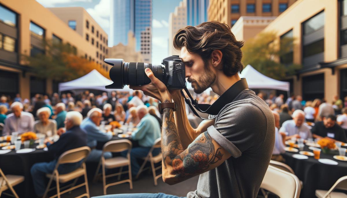 A professional photographer from Ata-Girl Photography, Co., LLC capturing candid moments at a San Antonio charity event, showcasing their skill in documenting the event's atmosphere and attendees' genuine emotions.