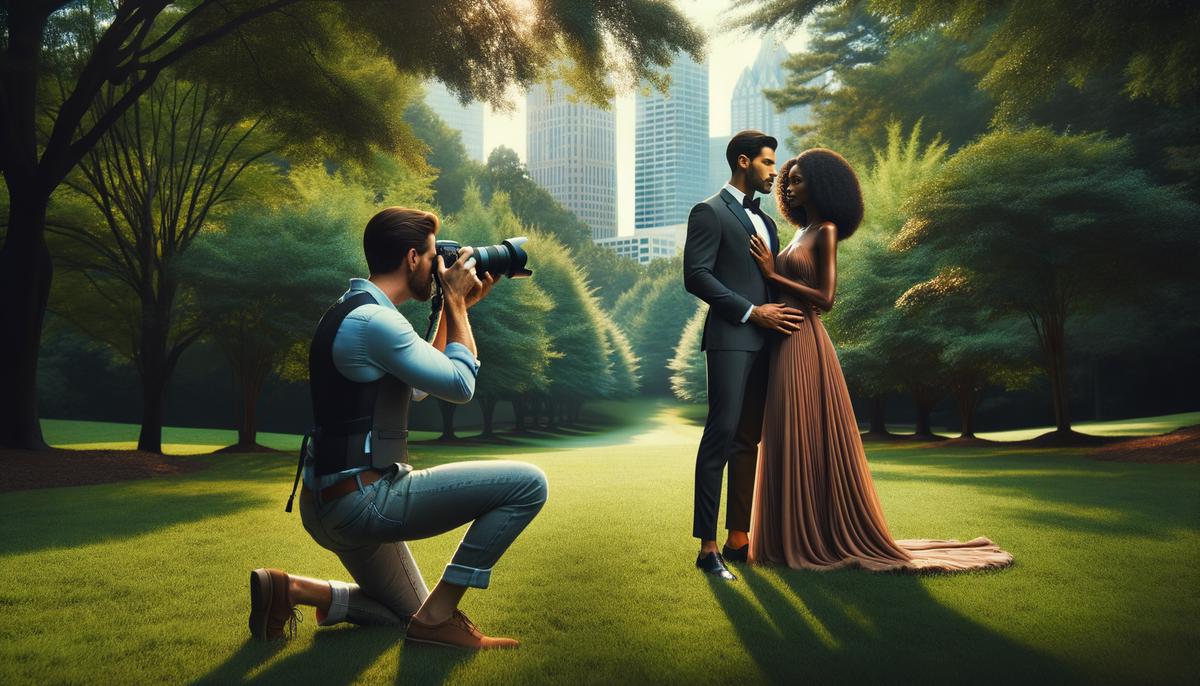 An engagement photographer in action, capturing a couple's moment in an Atlanta park