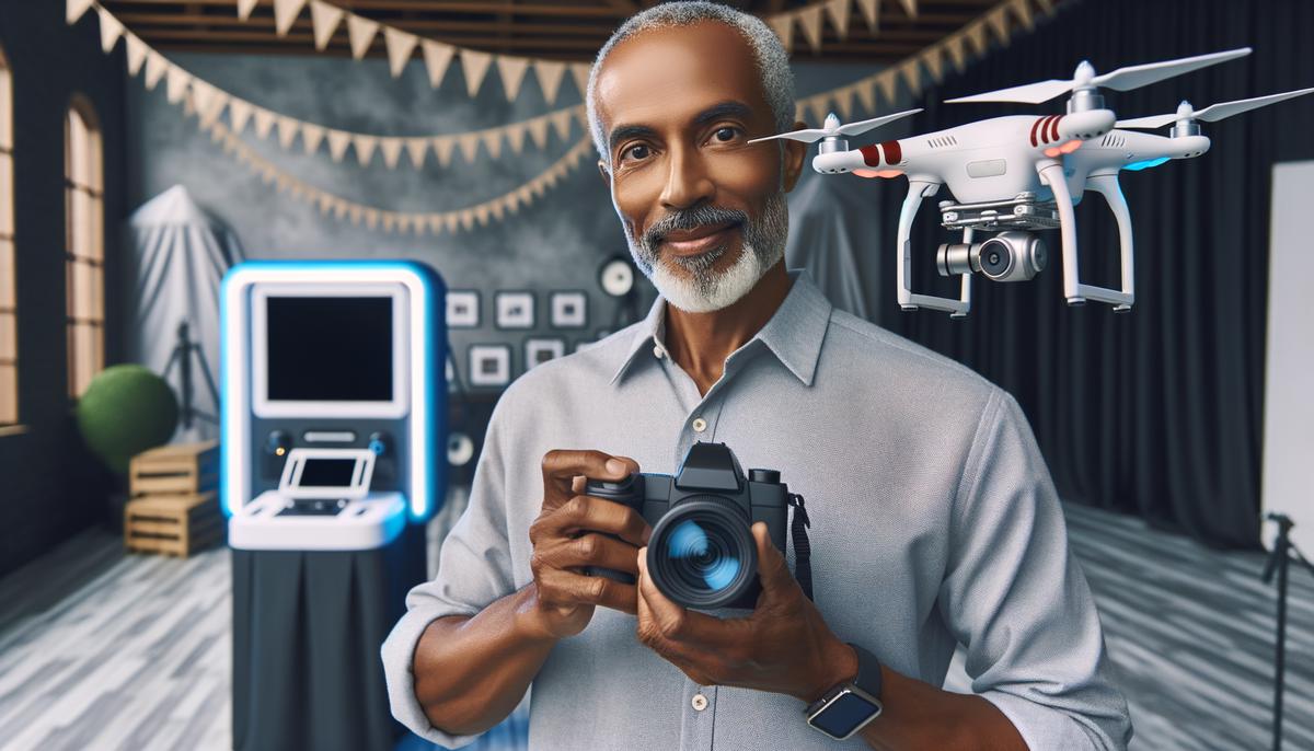 An Atlanta event photographer showcasing modern equipment including a high-resolution digital camera, drone, and interactive photo booth