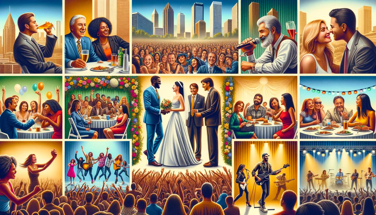 A series of images representing different event photography specializations in Atlanta, including corporate, wedding, concert, and family events