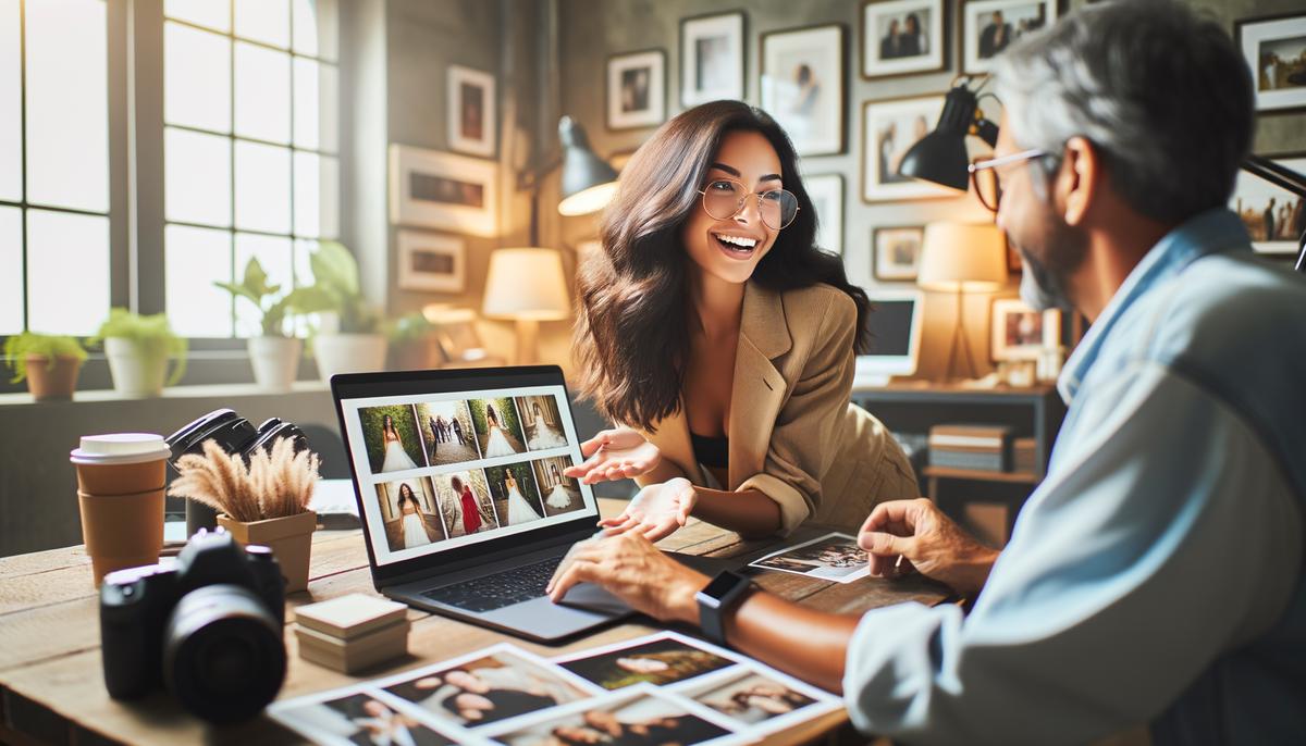 An Atlanta event photographer showing photos to a delighted client on a laptop