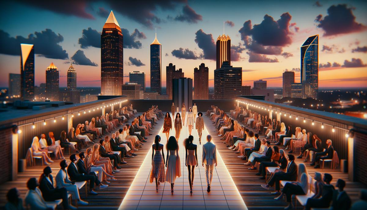Atlanta's skyline at dusk with a rooftop fashion event in the foreground, showcasing models and attendees