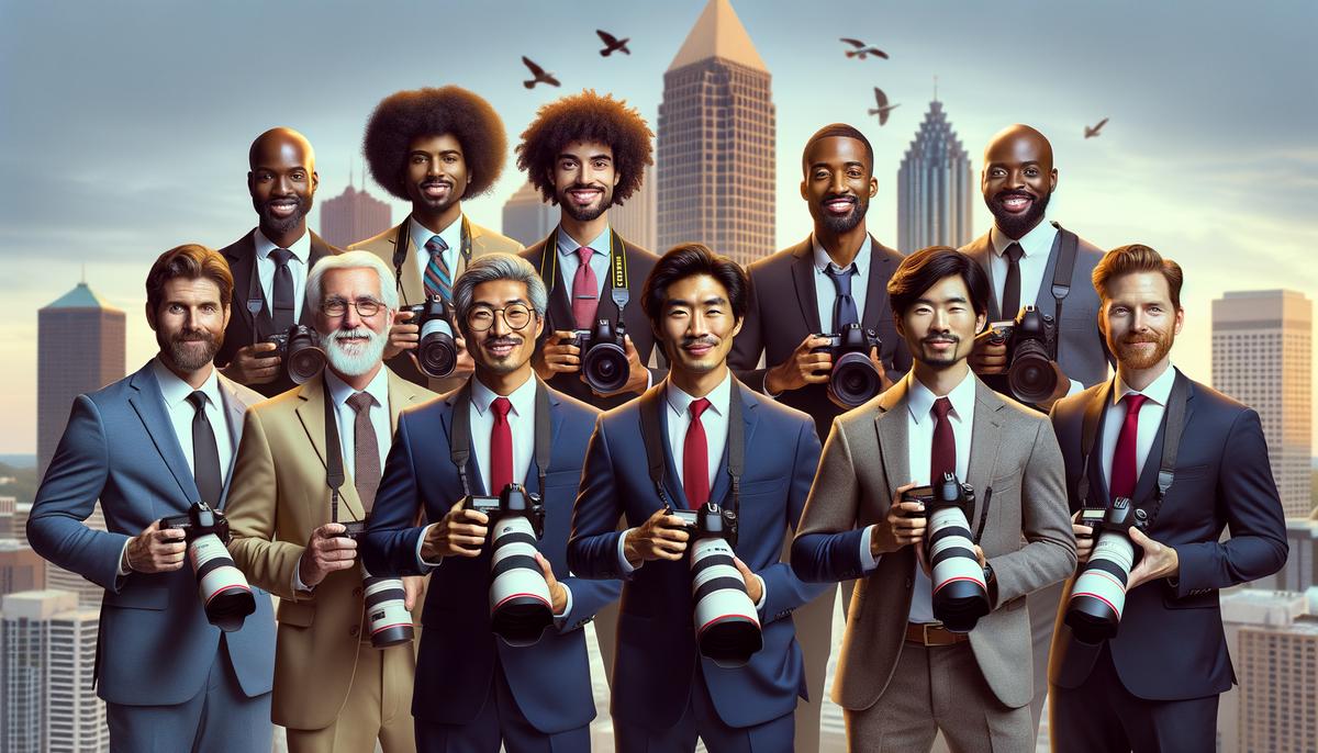A group portrait of diverse top event photographers in Atlanta, each holding their preferred camera equipment