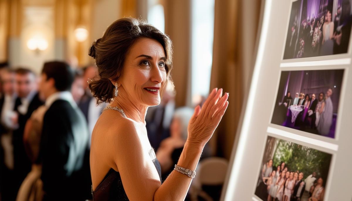 An elegantly dressed gala attendee expressing admiration and praise while looking at beautiful, story-telling photographs captured by Drew Altizer Photography at a prestigious San Francisco event.