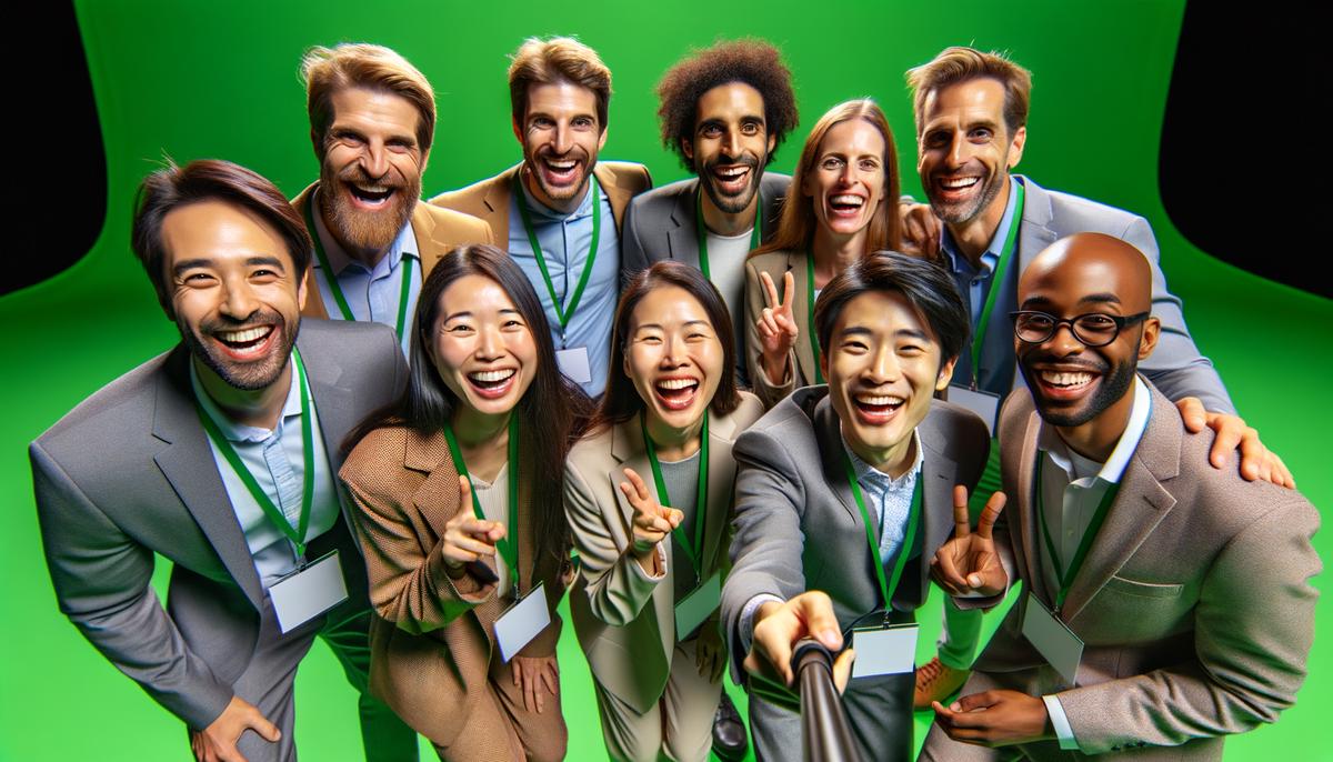 Diverse conference attendees laughing and having fun together as they pose in front of a green screen, choosing creative and themed virtual backgrounds for their photos.
