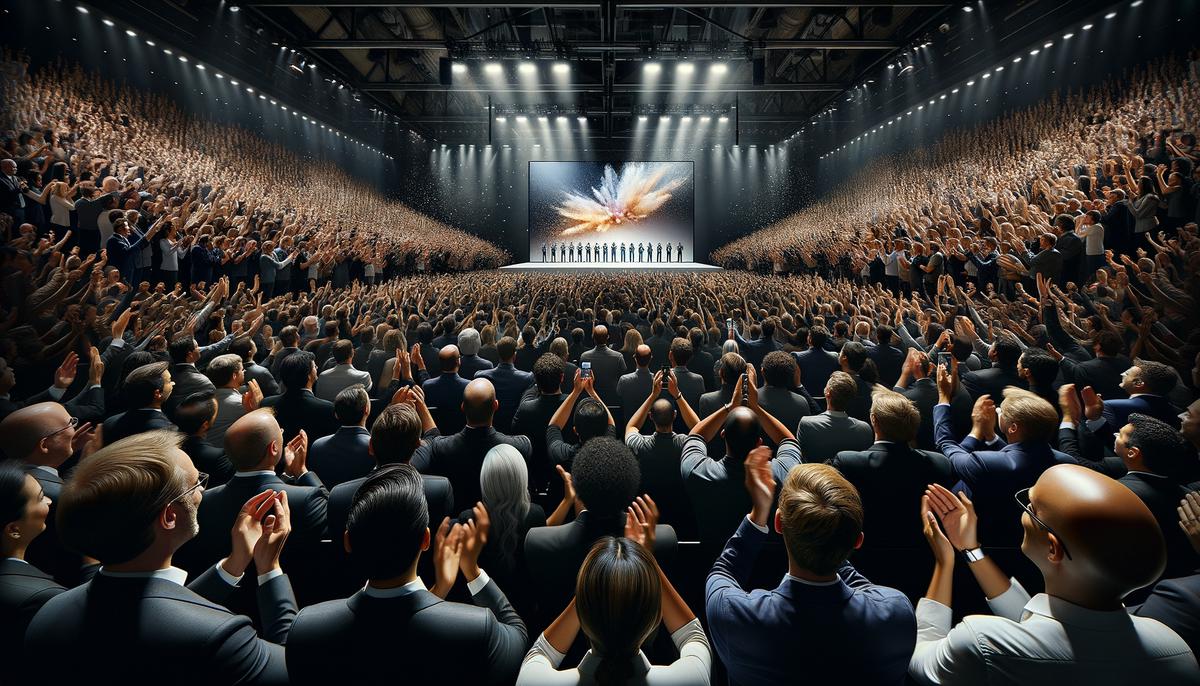An excited audience applauding and cheering as a new product is revealed on stage