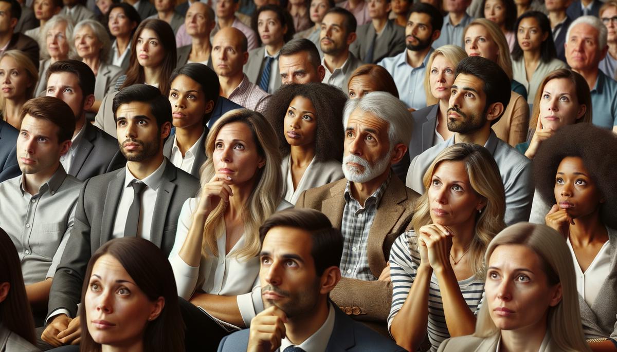 An image showing audience members reacting to a corporate panel discussion with expressions of concentration and realization