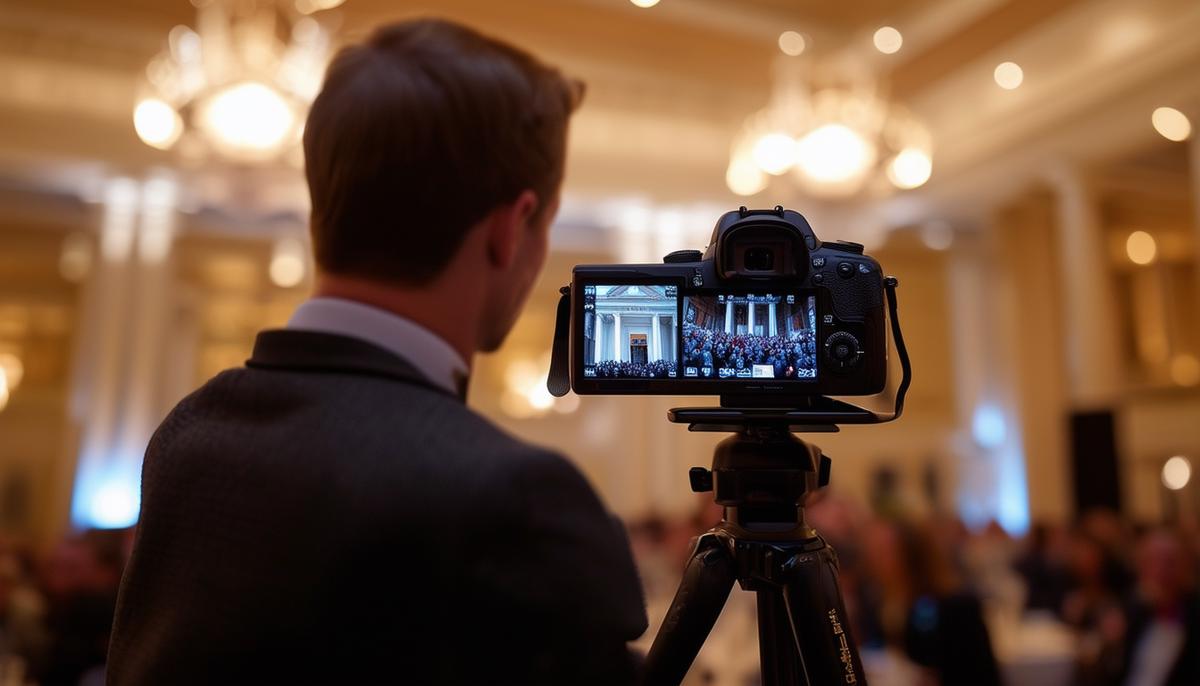 A photographer expertly adjusting camera settings to capture a well-lit shot at an award ceremony in Washington, DC