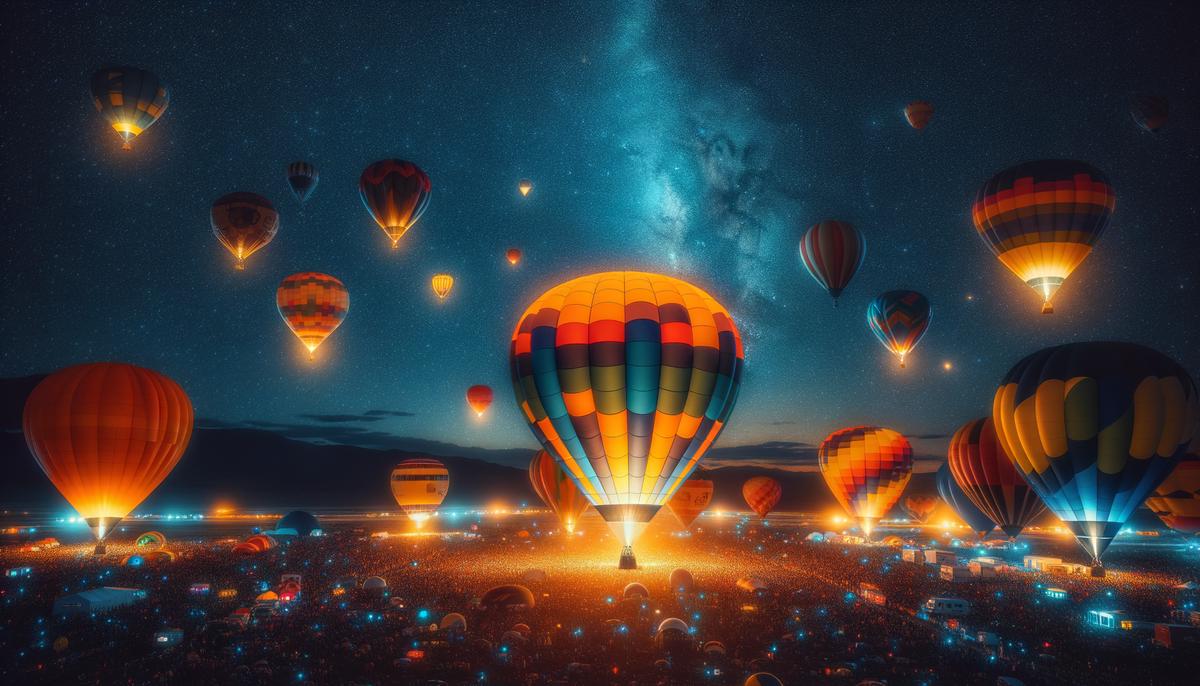 Hot air balloons illuminated at night during the Albuquerque International Balloon Fiesta, creating a colorful display against the dark sky