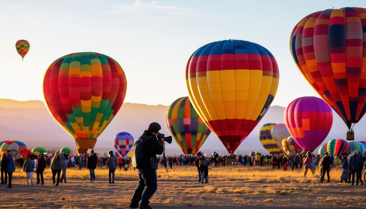 A photographer capturing colorful hot air balloons at the Albuquerque International Balloon Fiesta