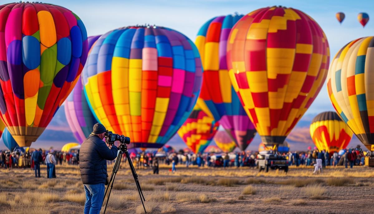 A photographer capturing the colorful spectacle of hot air balloons at the Albuquerque International Balloon Fiesta