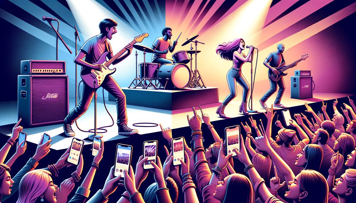 A band performing on stage with social media content creation happening simultaneously
