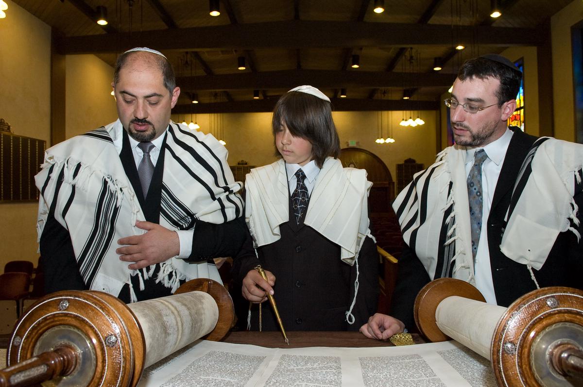 A collection of key Bar Mitzvah moments including Torah reading and the Hora dance