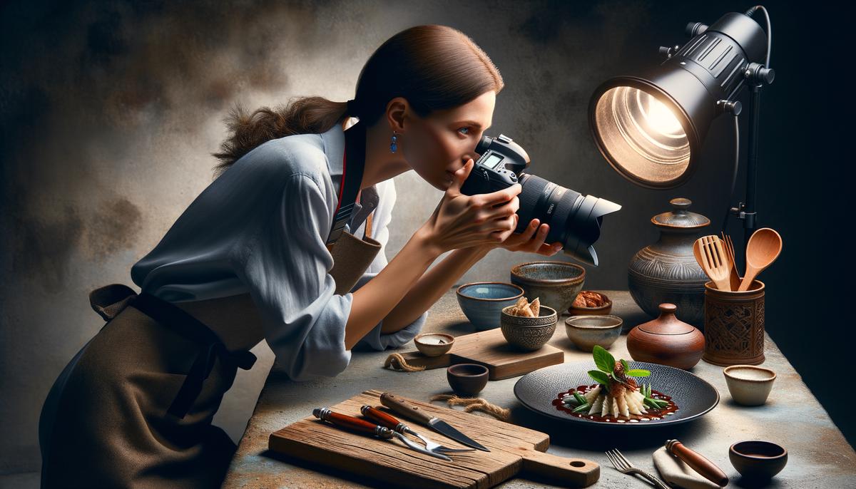 Barbara Wrigley McDevitt photographing an artfully plated dish in a studio setting with dramatic lighting