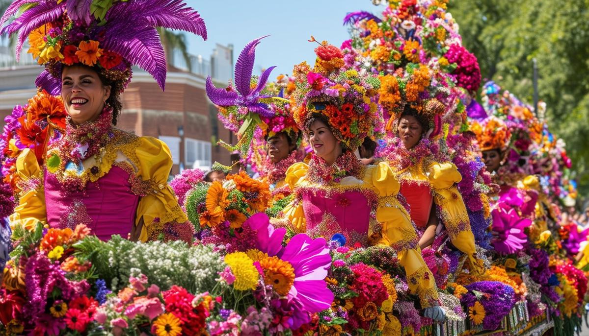 A close-up view of an elaborate flower-covered float with costumed participants in the Battle of Flowers Parade during Fiesta San Antonio.