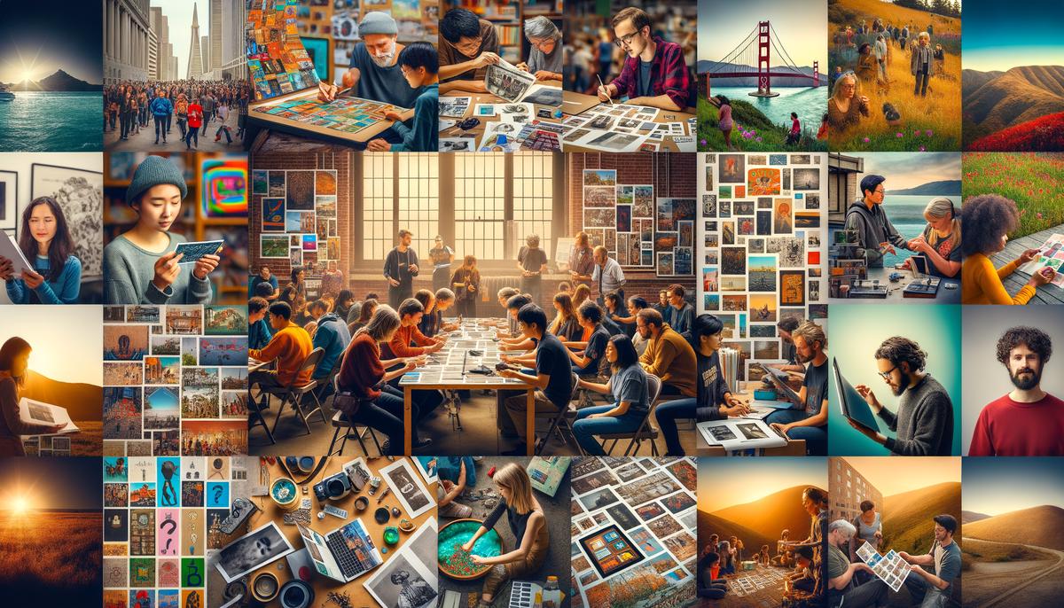 Photographs showing people of various ages and backgrounds participating in photography workshops and events in the Bay Area, such as a zine-making class, an online artist talk, and a print sale fundraiser, conveying a sense of community engagement and support for the photographic arts.