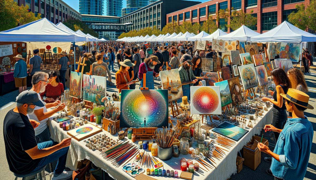 Bustling art market at Mid-City Bayou Boogaloo with local artists displaying diverse handmade crafts and interacting with festival-goers
