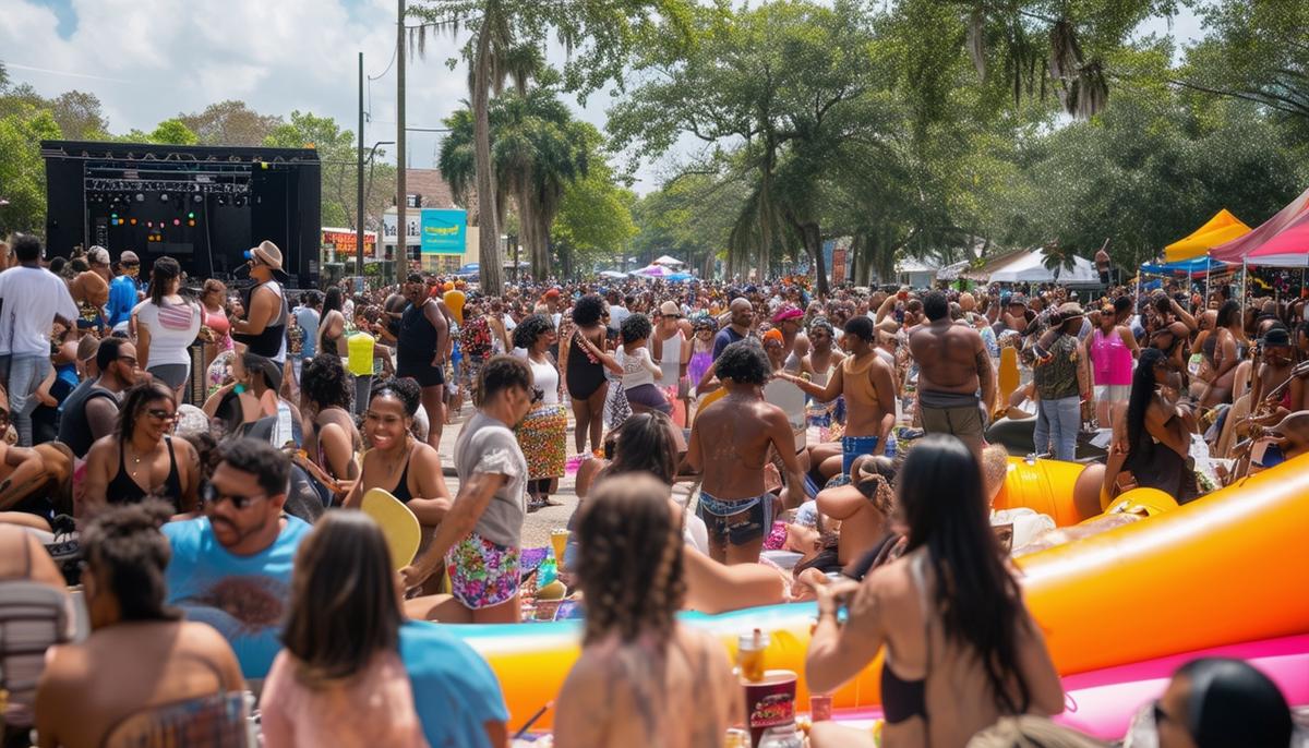 Diverse crowd enjoying live music at Mid-City Bayou Boogaloo, with people dancing, eating local cuisine, and relaxing on colorful inflatables in Bayou St. John